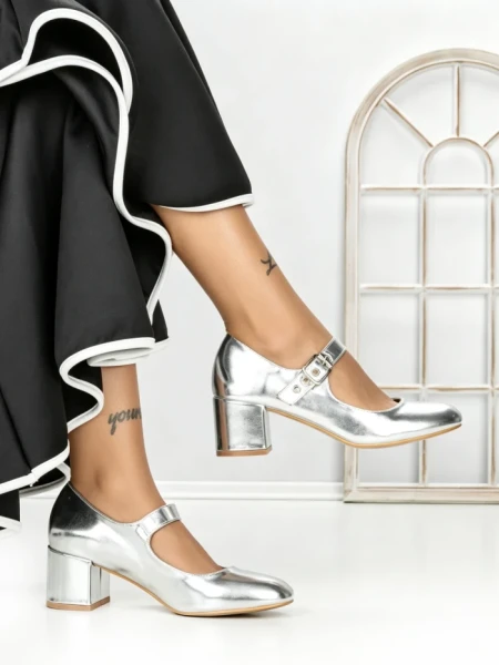Pantofi cu Toc Gros 77-558 SILVER | CM
