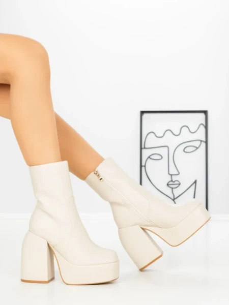 Botine cu Toc Gros G0801 BEIGE | MIA SHOES